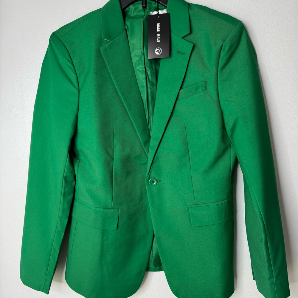 Mage Male Size XS Men's Green 2 PC Pants Suit Front Button Jacket Striped Tie